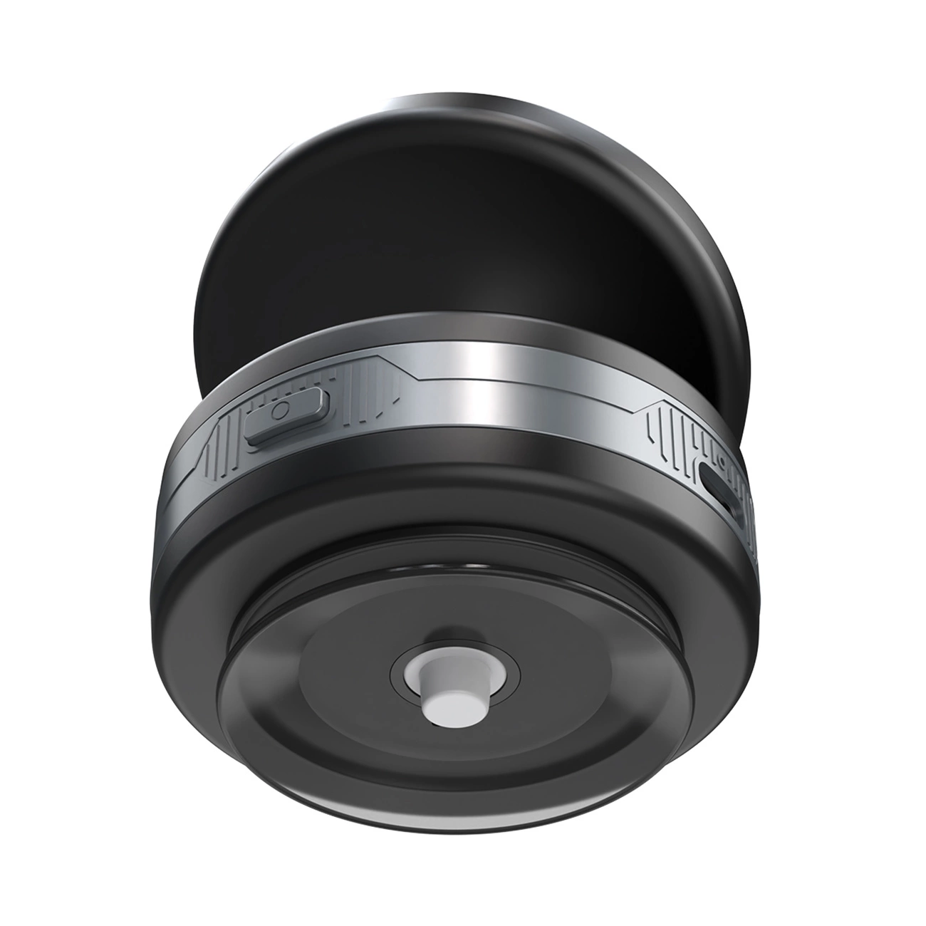 Un dispositivo elettronico nero e grigio dal design rotondo con un pulsante centrale su sfondo bianco.