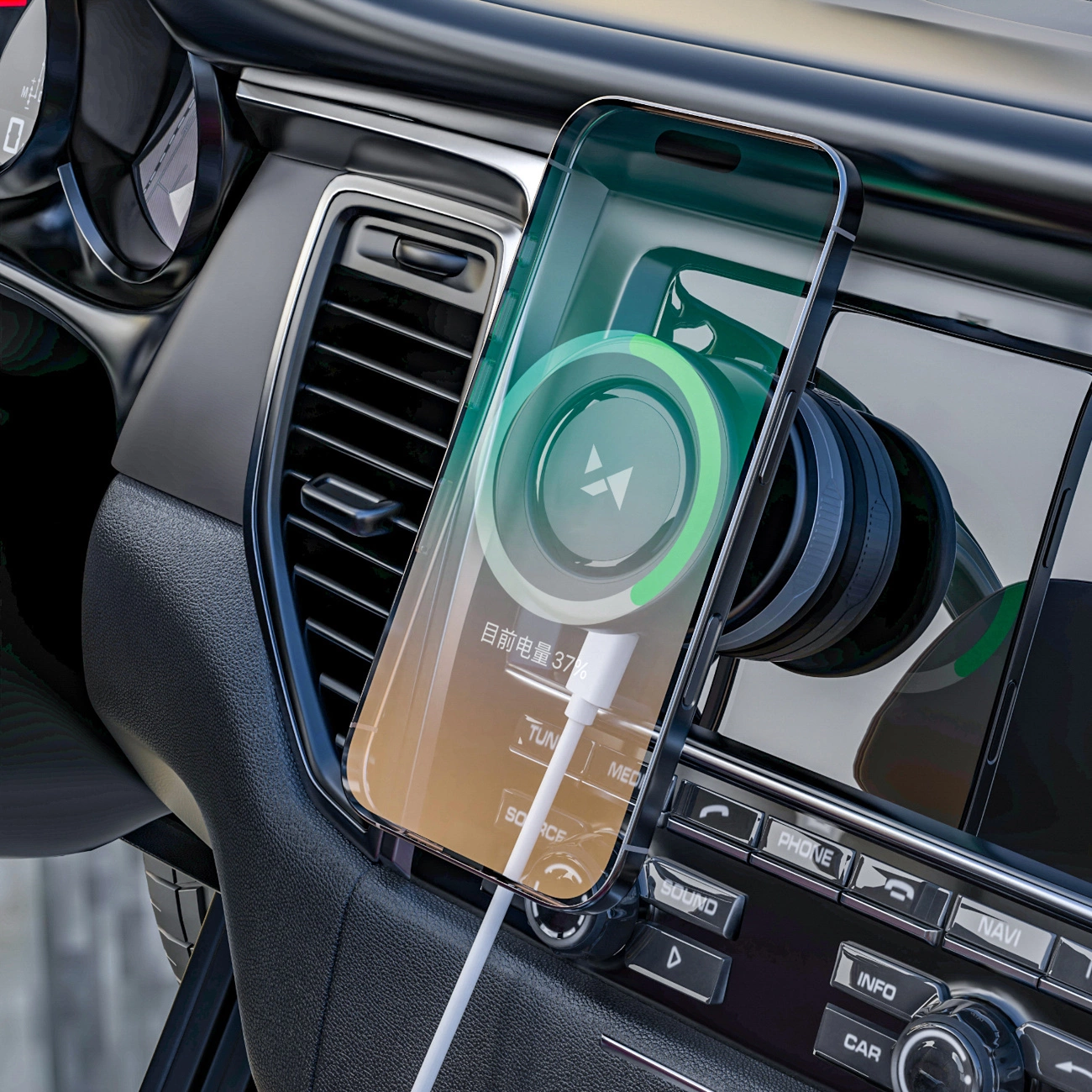 Smartphone montato su supporto magnetico per auto con indicatore di carica verde sul cruscotto.
