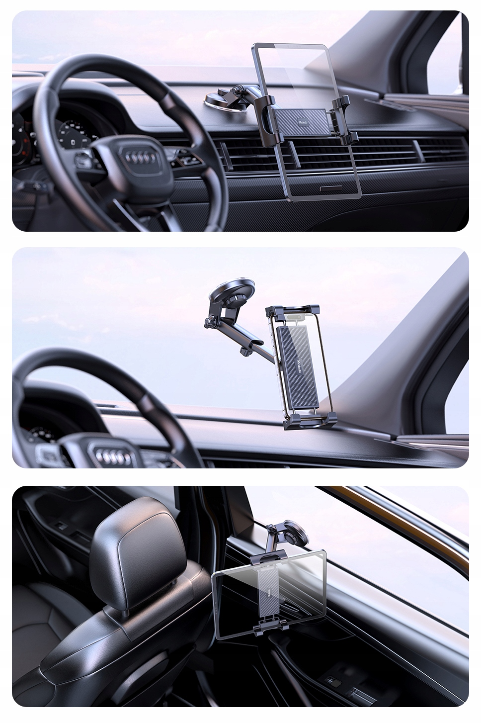 Un supporto per auto per tablet e smartphone è montato sul cruscotto e sul finestrino.