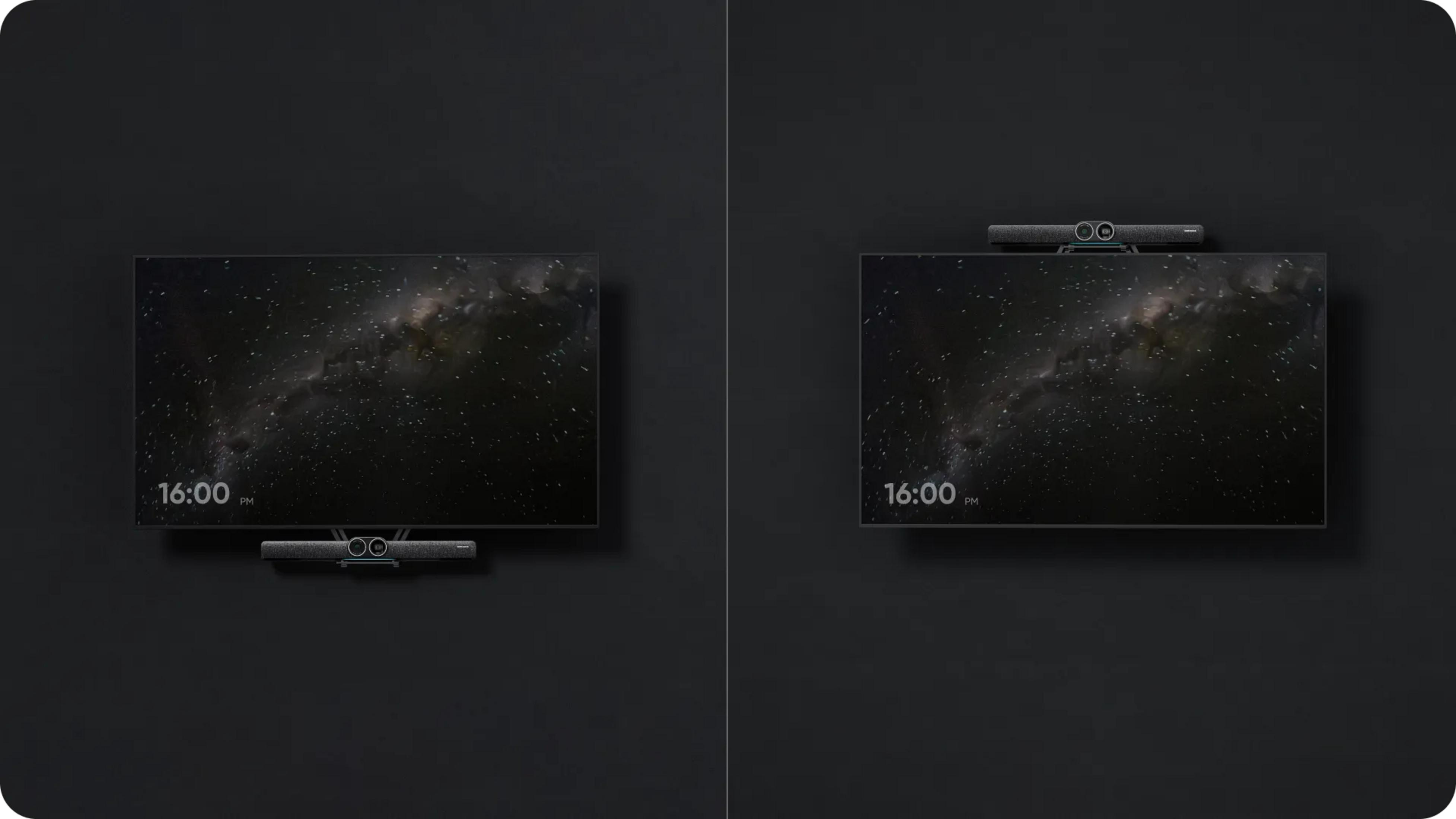 Due monitor su sfondo scuro, uno con una barra video sotto e l'altro sopra.