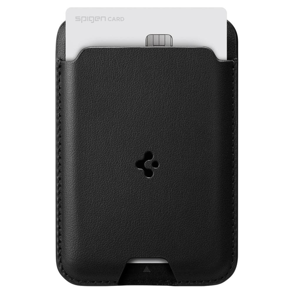 Portacarte in pelle nera con carta bianca inserita e logo Spigen su sfondo bianco.