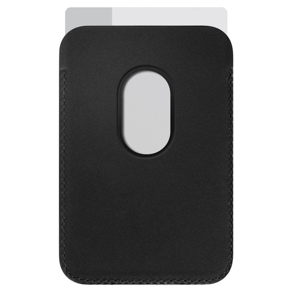 Un porta carte in pelle nera con un ritaglio ovale al centro, su sfondo bianco.