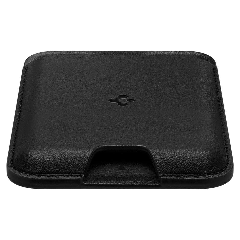 Una custodia in pelle nera con un simbolo USB integrato sulla parte anteriore.