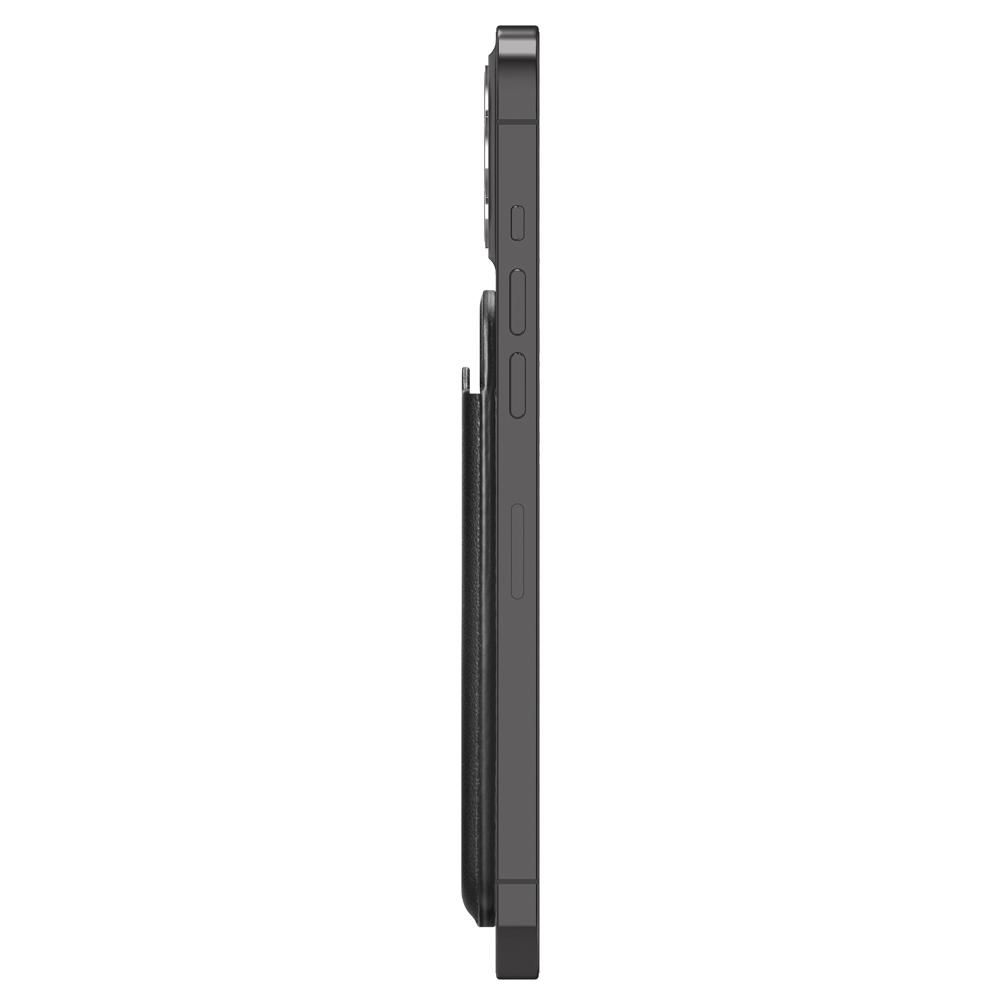 Vista laterale di uno smartphone scuro con pulsanti e un porta carte in pelle nera sul retro.