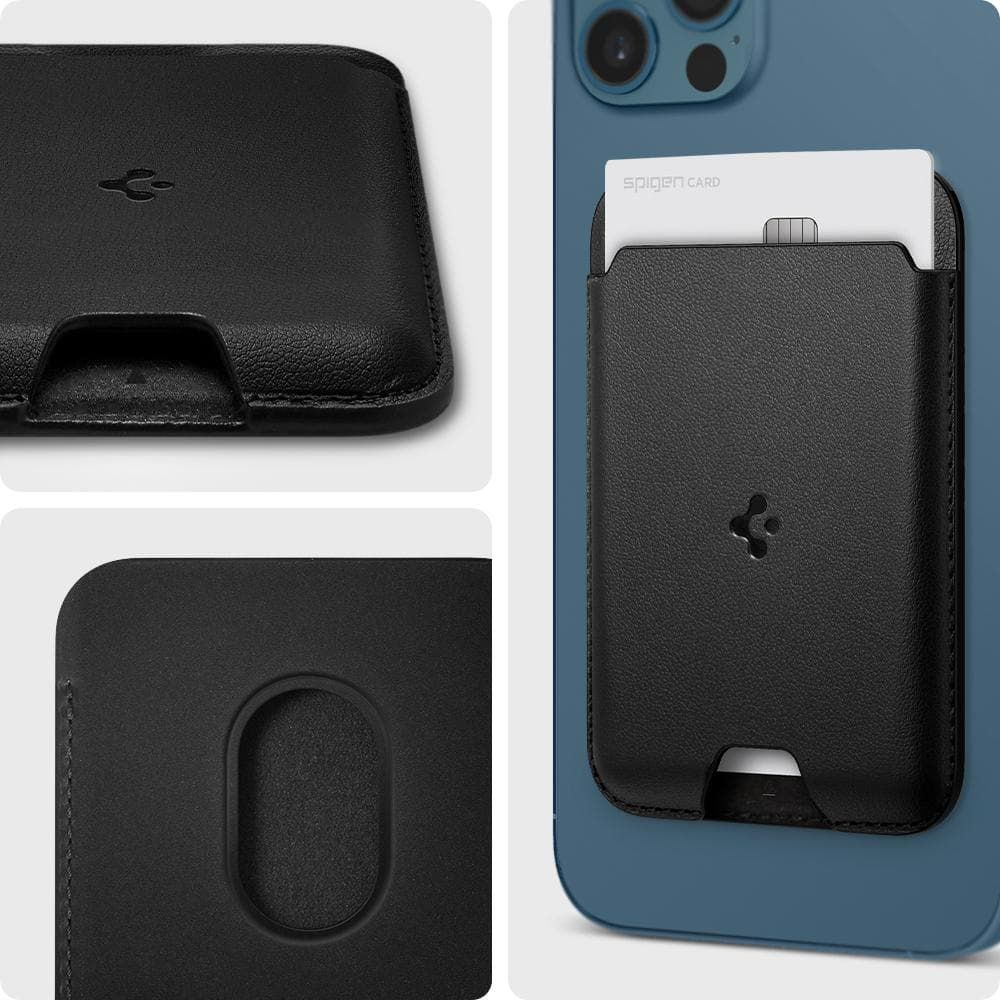 Portacarte in pelle nera Magsafe attaccato sul retro di uno smartphone blu.