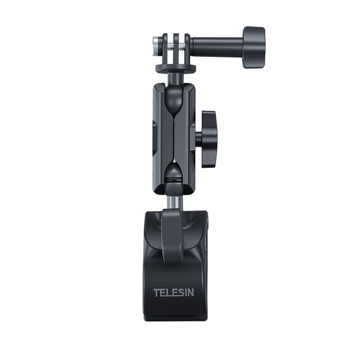 Un supporto per fotocamera Telesin nero con testa a sfera e morsetto su sfondo bianco.