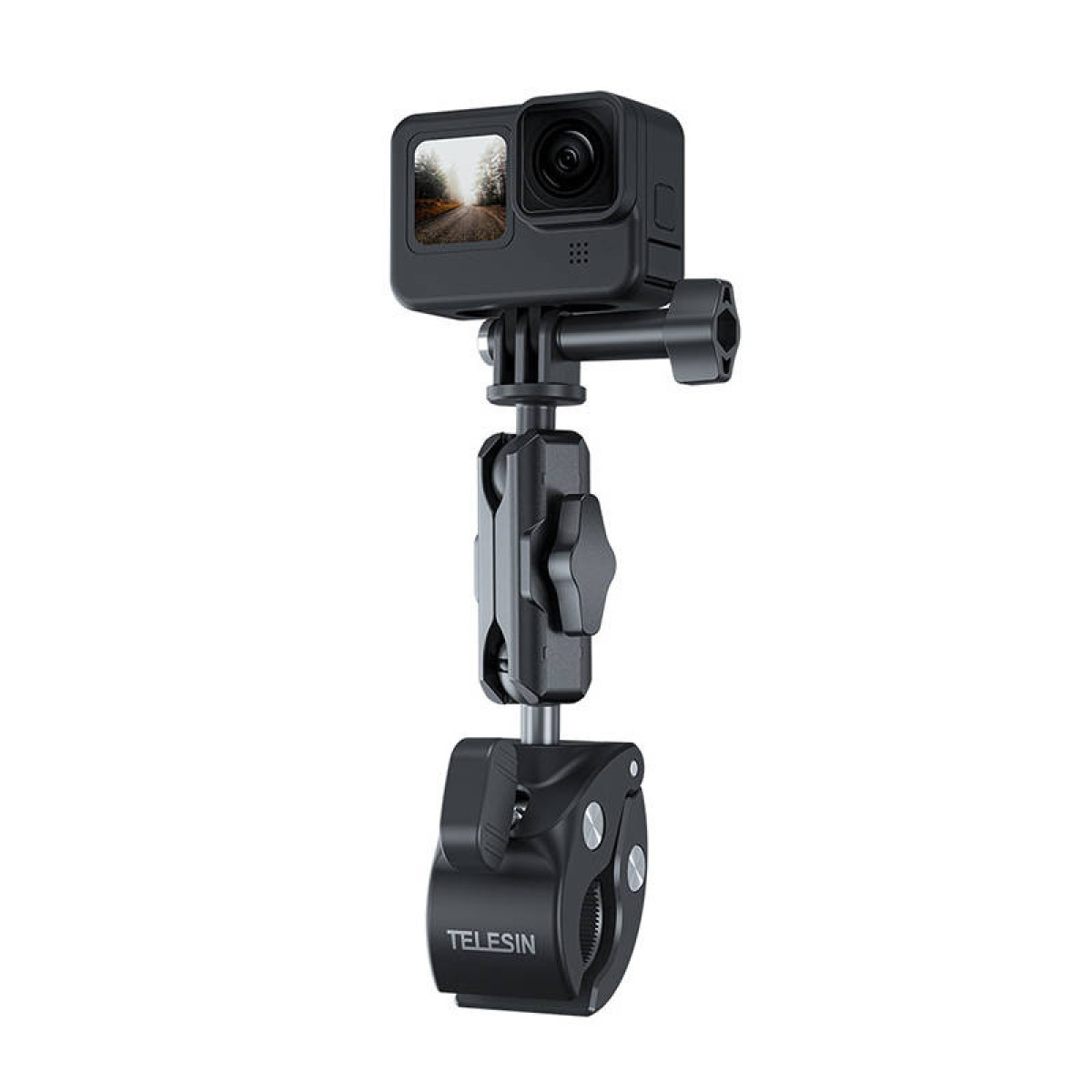 Una action camera nera montata su staffa regolabile con morsetto e logo Telesin.