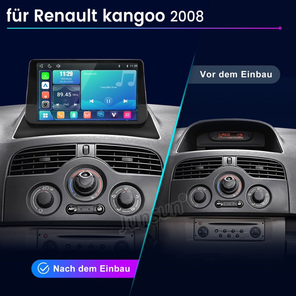 Vergleich der Renault Kangoo 2008 Mittelkonsole vor und nach dem Einbau eines Touchscreen-Radios.