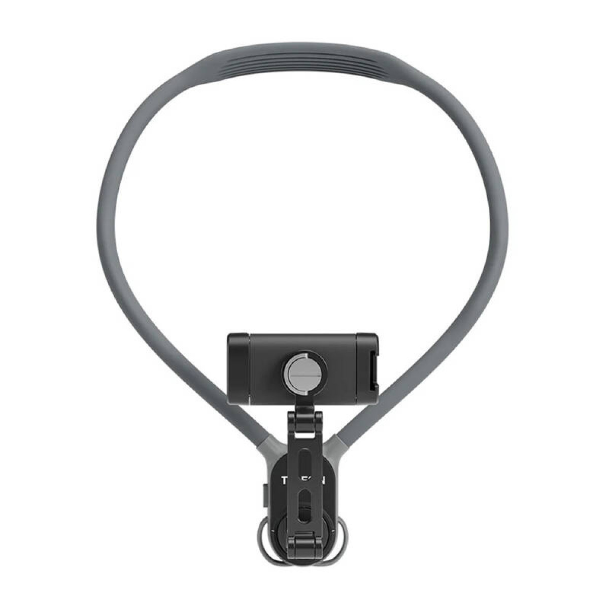 Un supporto da collo grigio con un supporto per smartphone nero al centro su sfondo bianco.