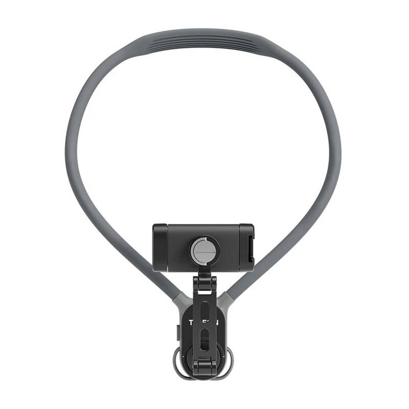 Supporto per collo grigio con porta telefono nero su sfondo bianco.