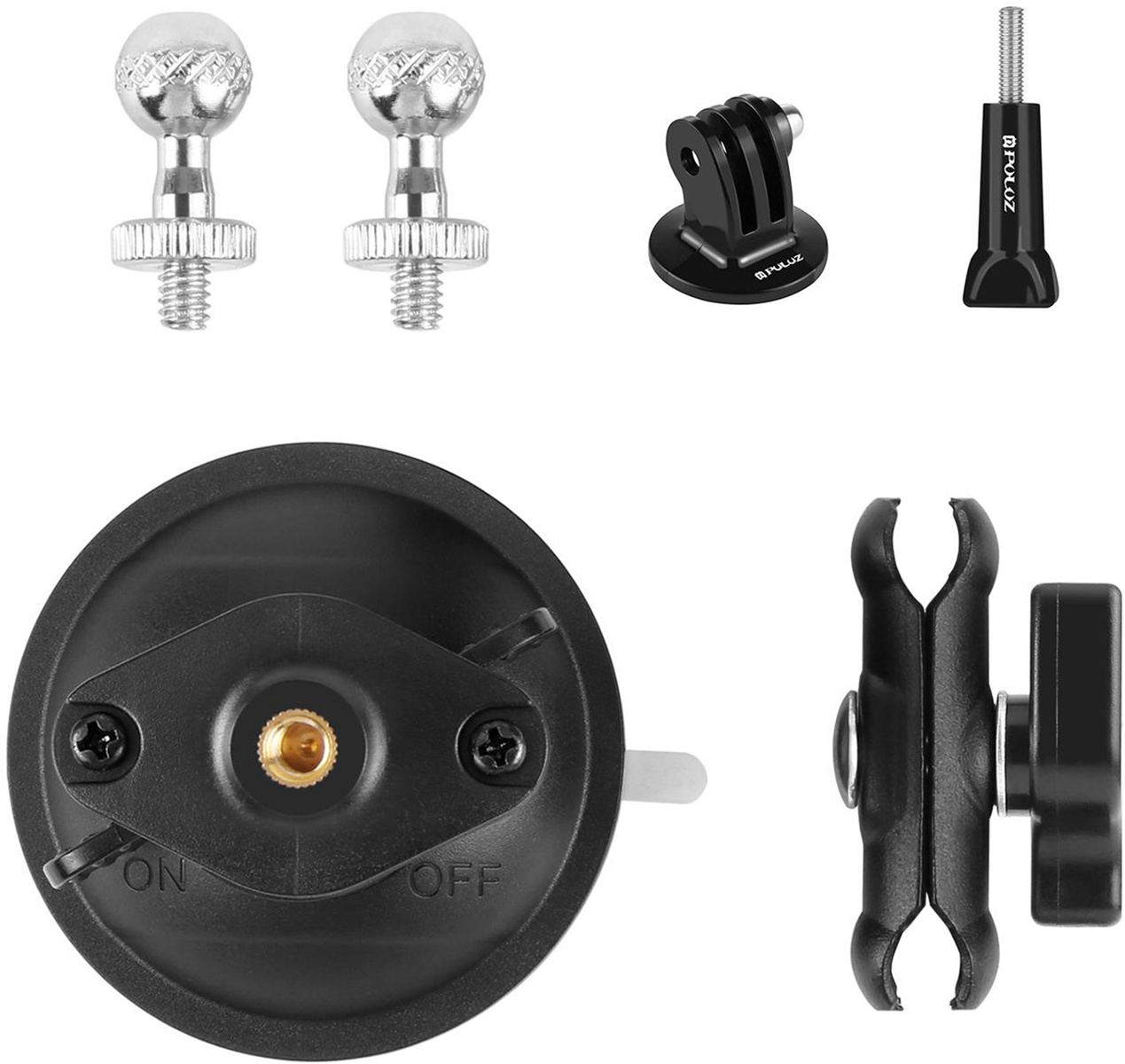 Varie parti di supporto per fotocamera nere e argento, base a ventosa e viti su sfondo bianco.