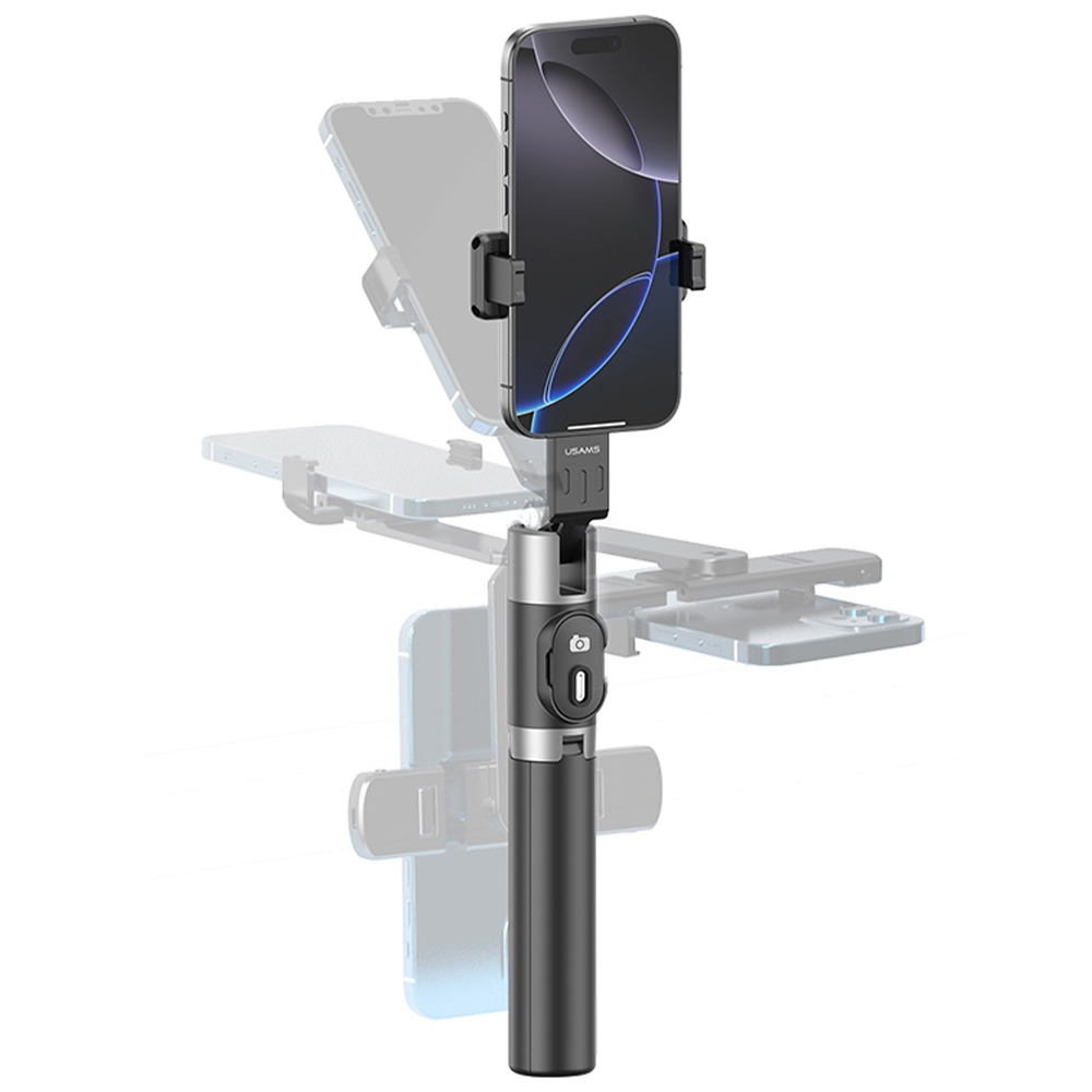 Un selfie stick nero con supporto mostra varie posizioni regolabili per lo smartphone.