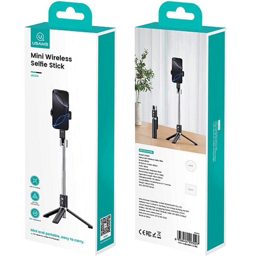Confezione di un mini selfie stick wireless con treppiede integrato e telefono, vista frontale e posteriore.