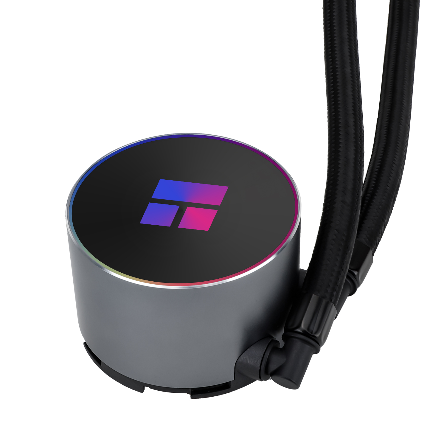 Un bloque de bomba de refrigeración líquida para CPU con iluminación RGB, un logotipo colorido y dos tubos negros.