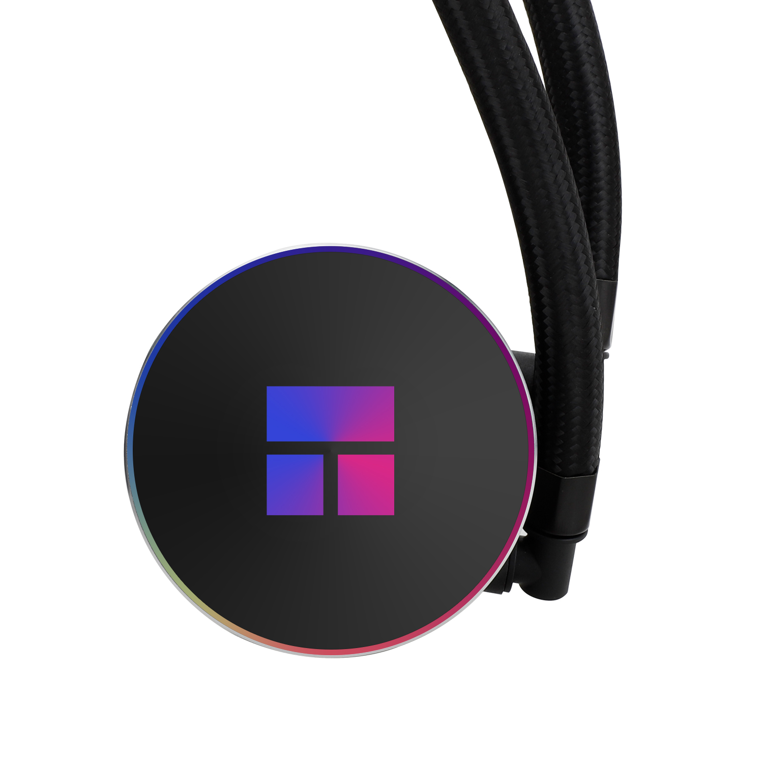 Disipador de CPU negro redondo con anillo RGB, logotipo colorido y dos tubos trenzados sobre fondo blanco.