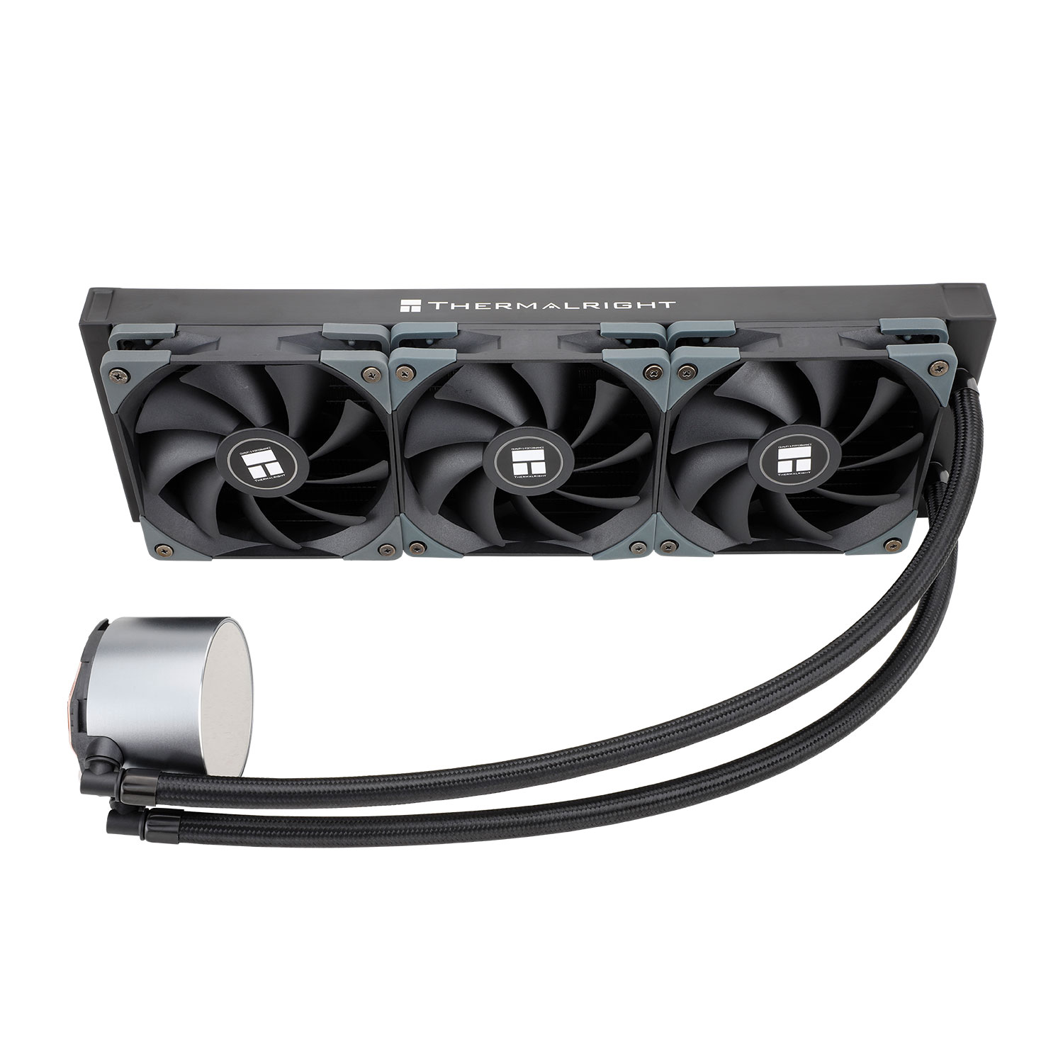 Un refrigerador líquido para CPU Thermalright negro con radiador de triple ventilador y bloque de bomba plateado.