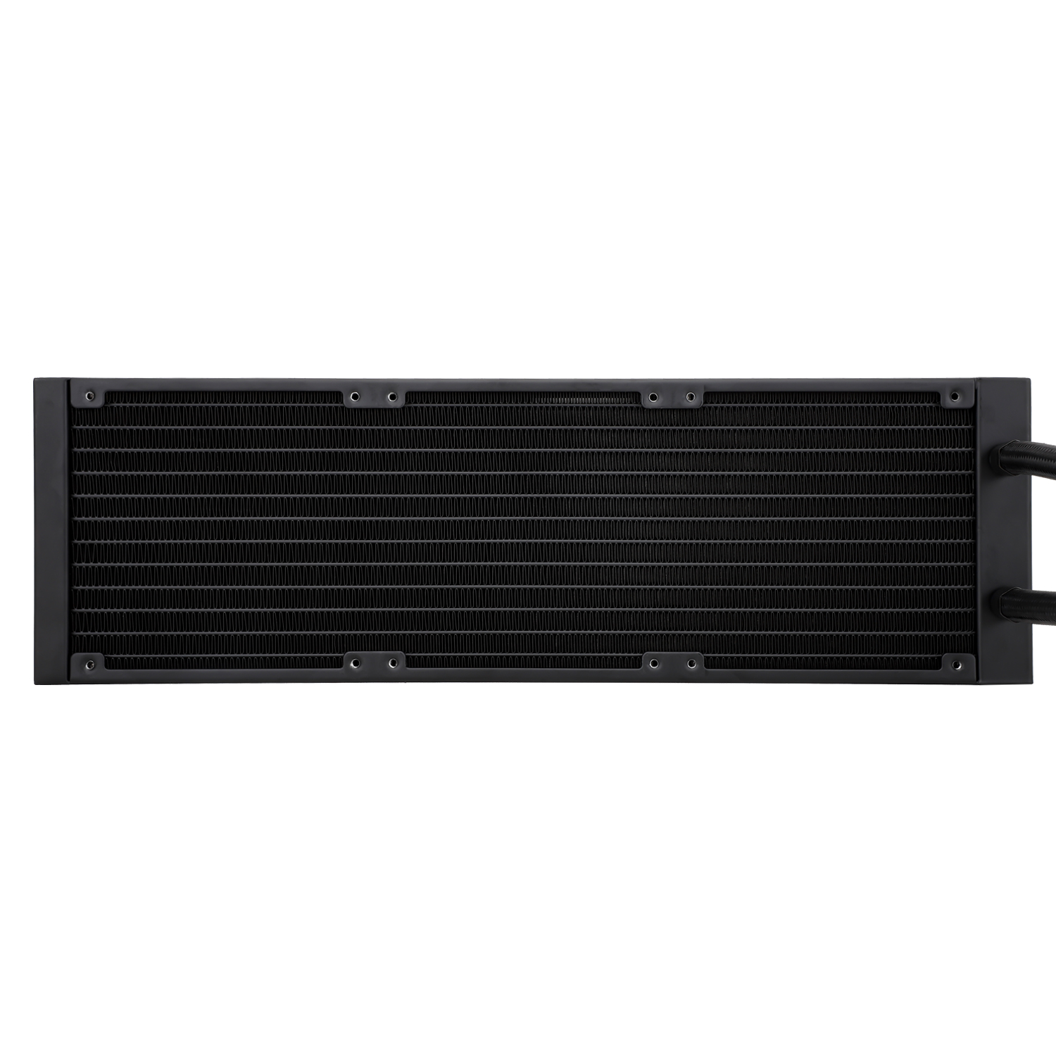 Un radiador de refrigeración líquida negro y largo para PC con aletas finas y orificios.