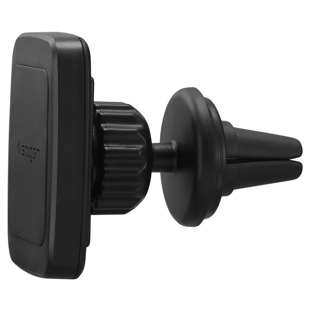 Un supporto per telefono da auto in plastica nera con cuscinetto magnetico e clip per bocchetta d'aria.