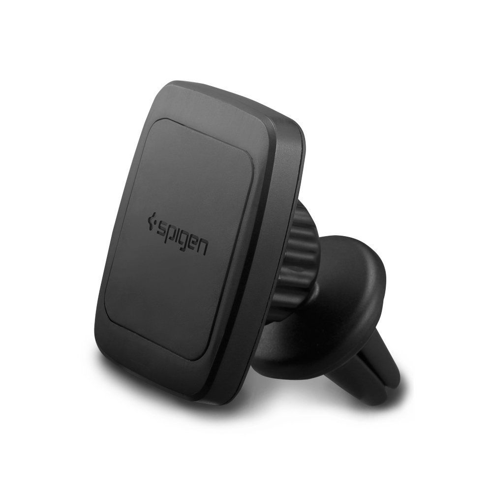 Supporto per auto Spigen nero con base magnetica rettangolare e clip per bocchetta dell'aria, su sfondo bianco.