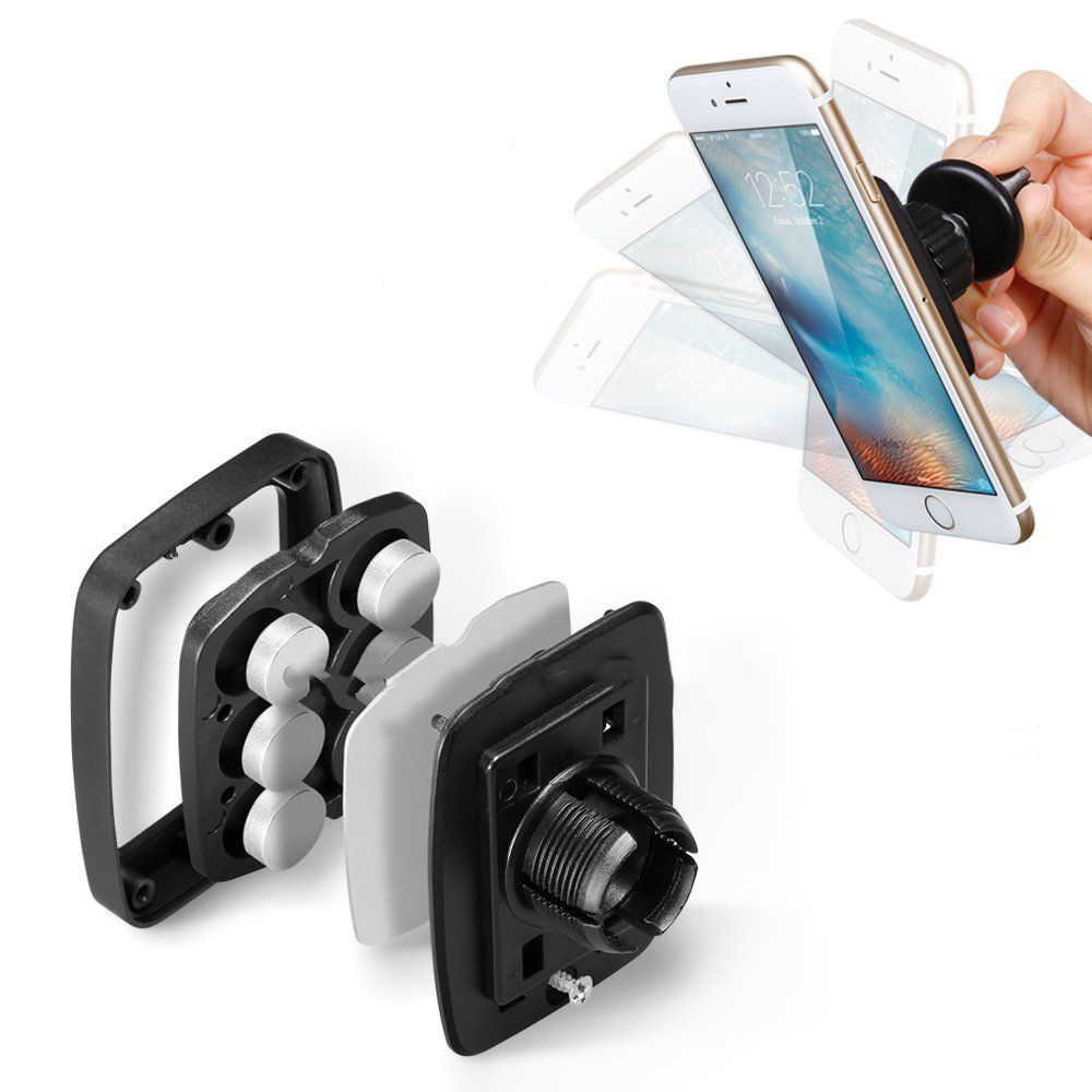 Vista esplosa di un supporto magnetico per auto, con le parti e uno smartphone in rotazione.