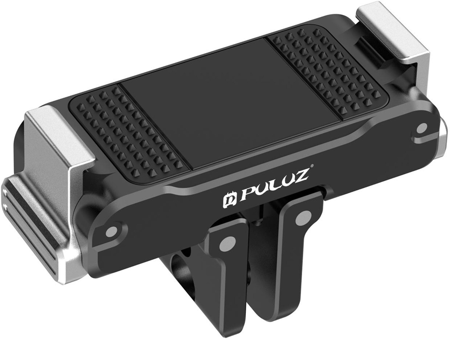 Supporto per smartphone Puluz nero con dettagli argentati e cuscinetto in gomma testurizzato.