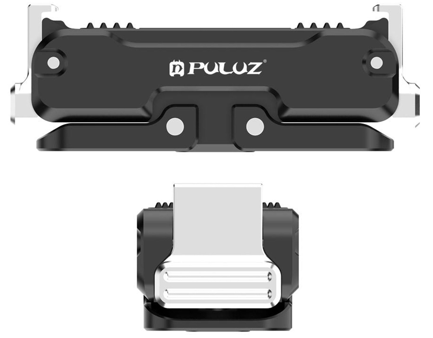 Supporto per fotocamera a sgancio rapido Puluz nero e argento da diverse angolazioni.