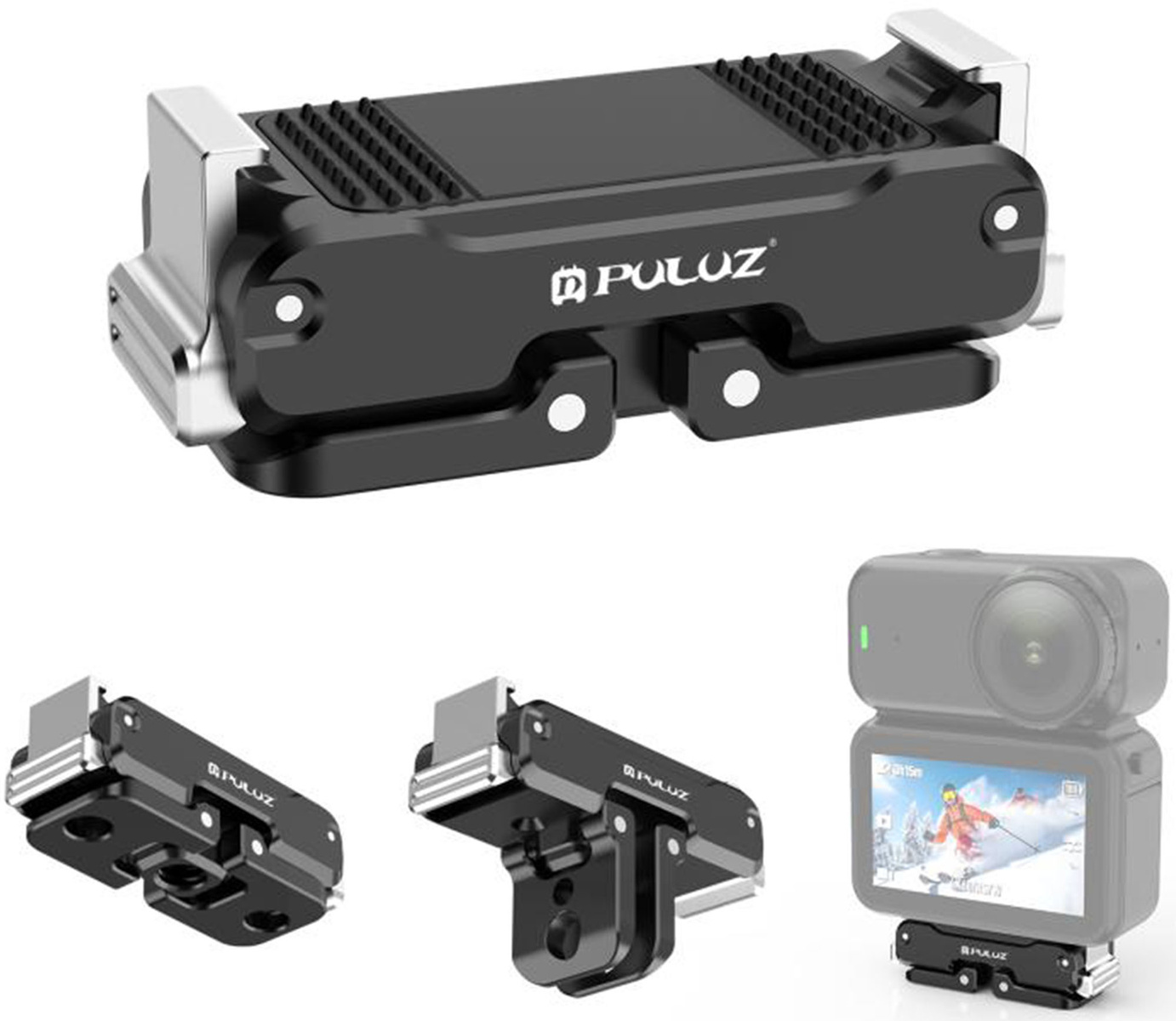 Un supporto per action camera Puluz nero mostrato da più angolazioni, anche attaccato a una fotocamera.