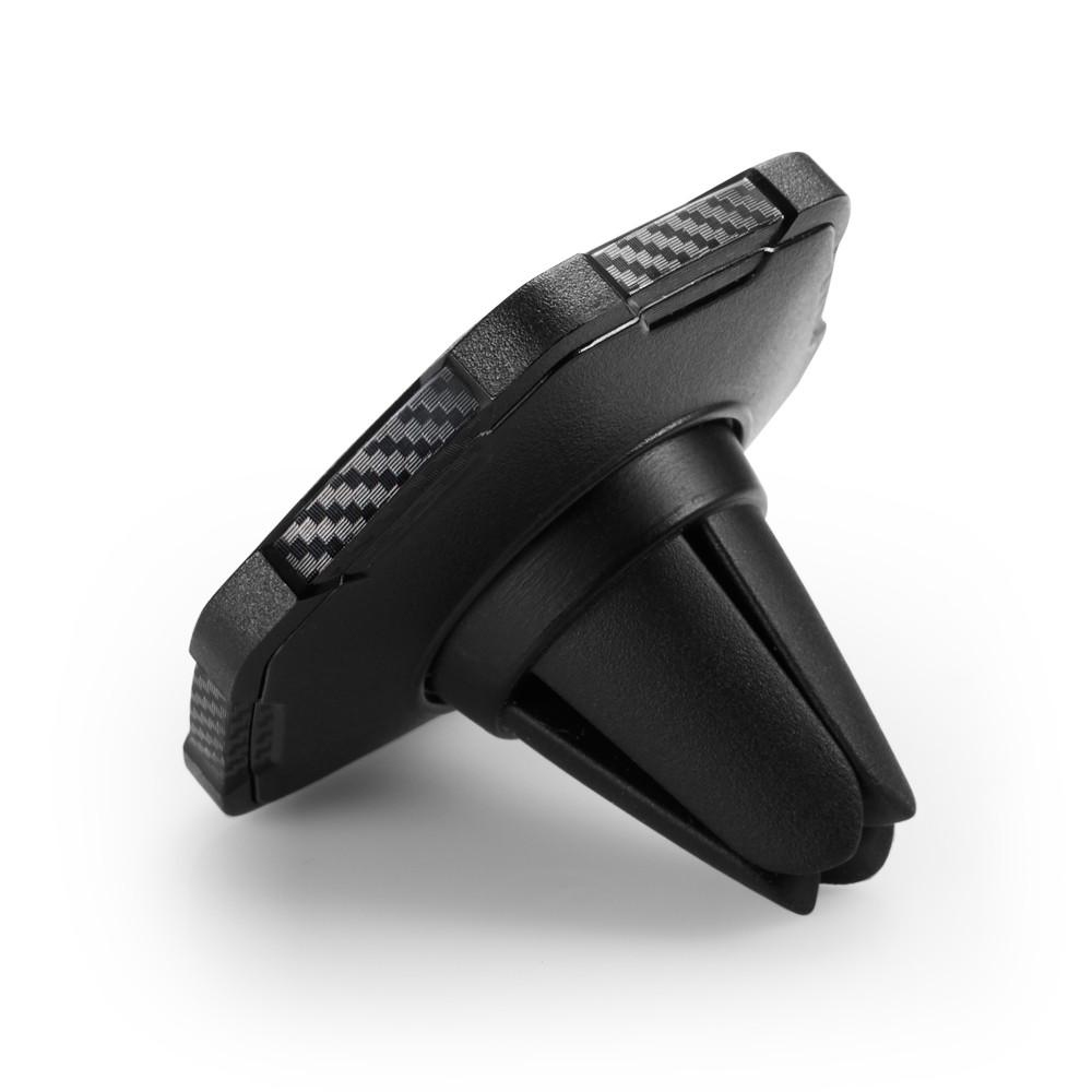 Supporto per telefono per auto nero con clip per bocchetta d'aerazione su sfondo bianco.