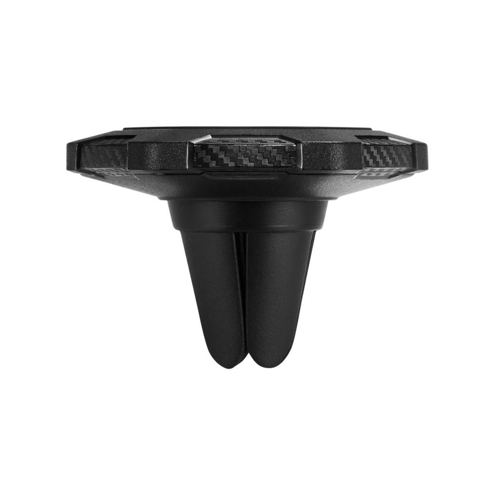 Un deodorante per auto nero con dettagli in fibra di carbonio e clip per bocchetta.