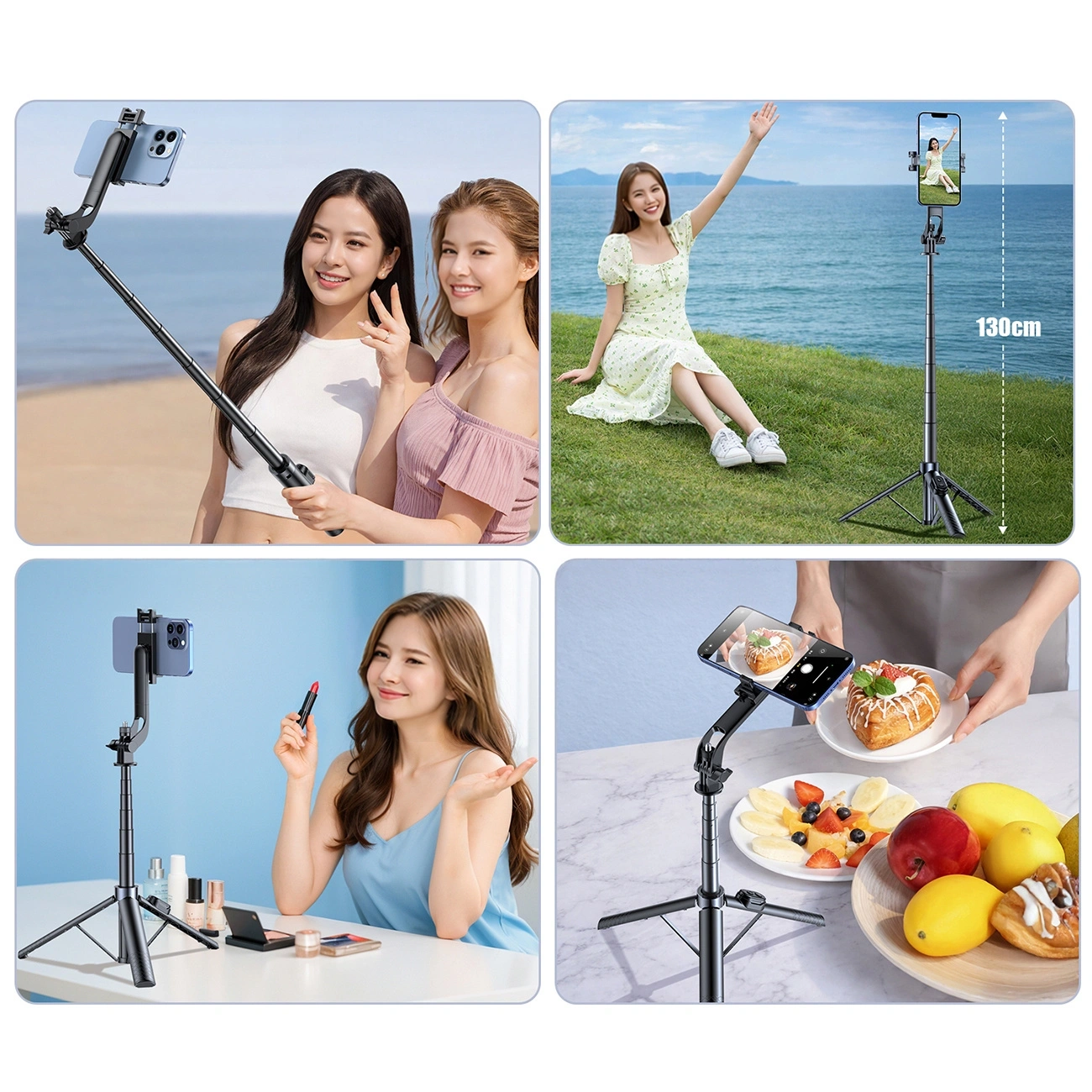 Collage con selfie stick per foto di gruppo, treppiede al mare, tutorial di trucco e fotografia di cibo.