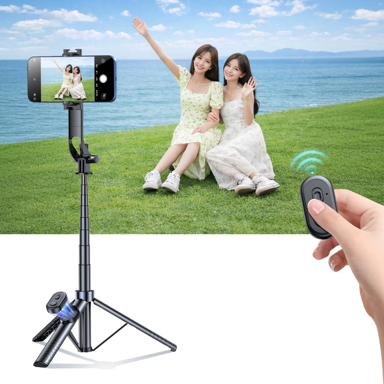 Due donne salutano davanti al mare, catturate con treppiede e telecomando.