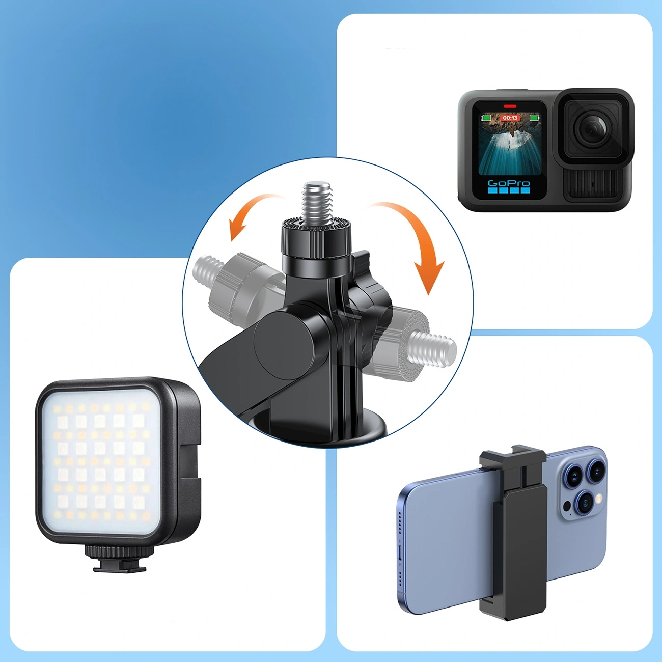Un supporto nero al centro, affiancato da una luce LED, una fotocamera GoPro e uno smartphone in un supporto.