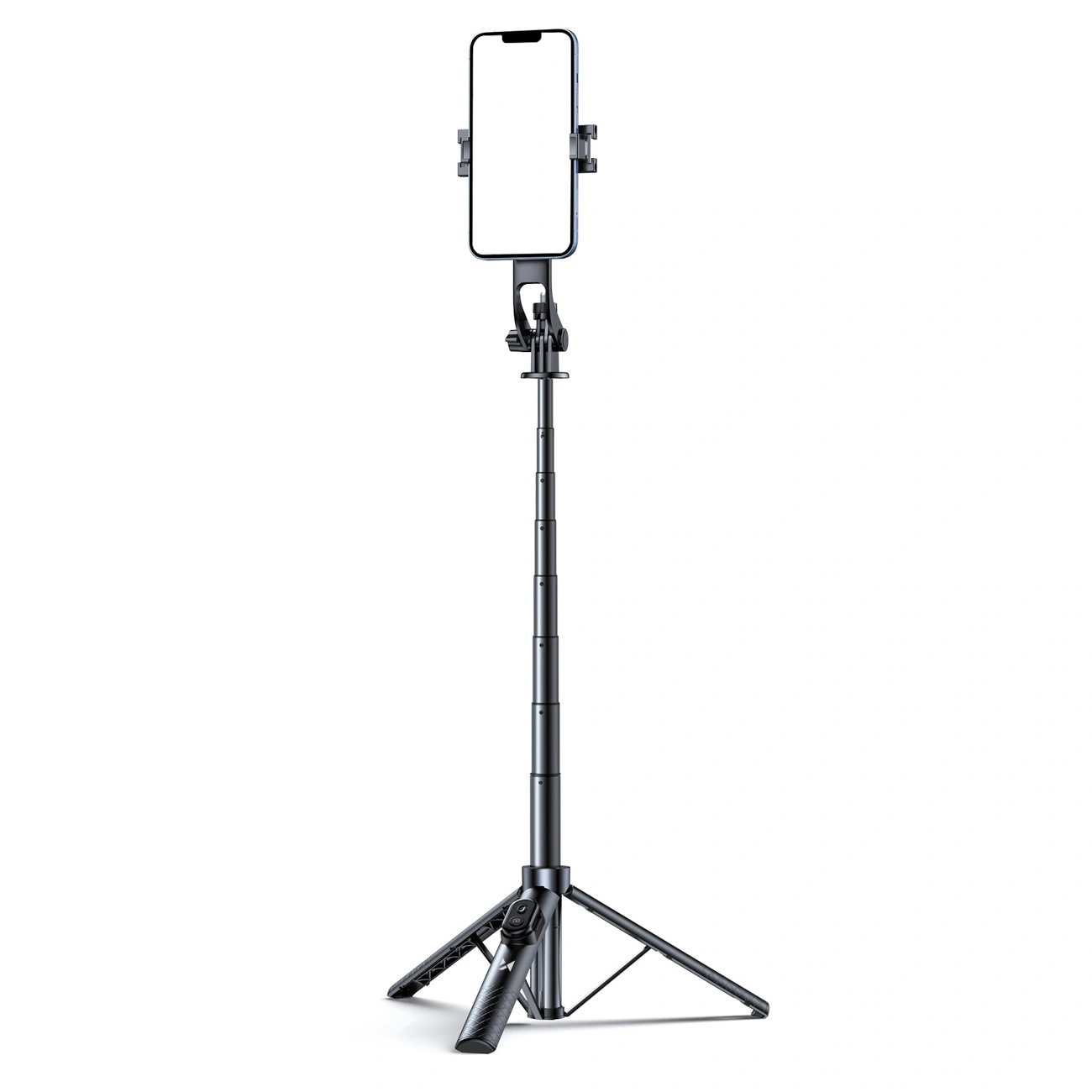 Uno smartphone nero tenuto verticalmente in un supporto su un treppiede estensibile, su sfondo bianco.