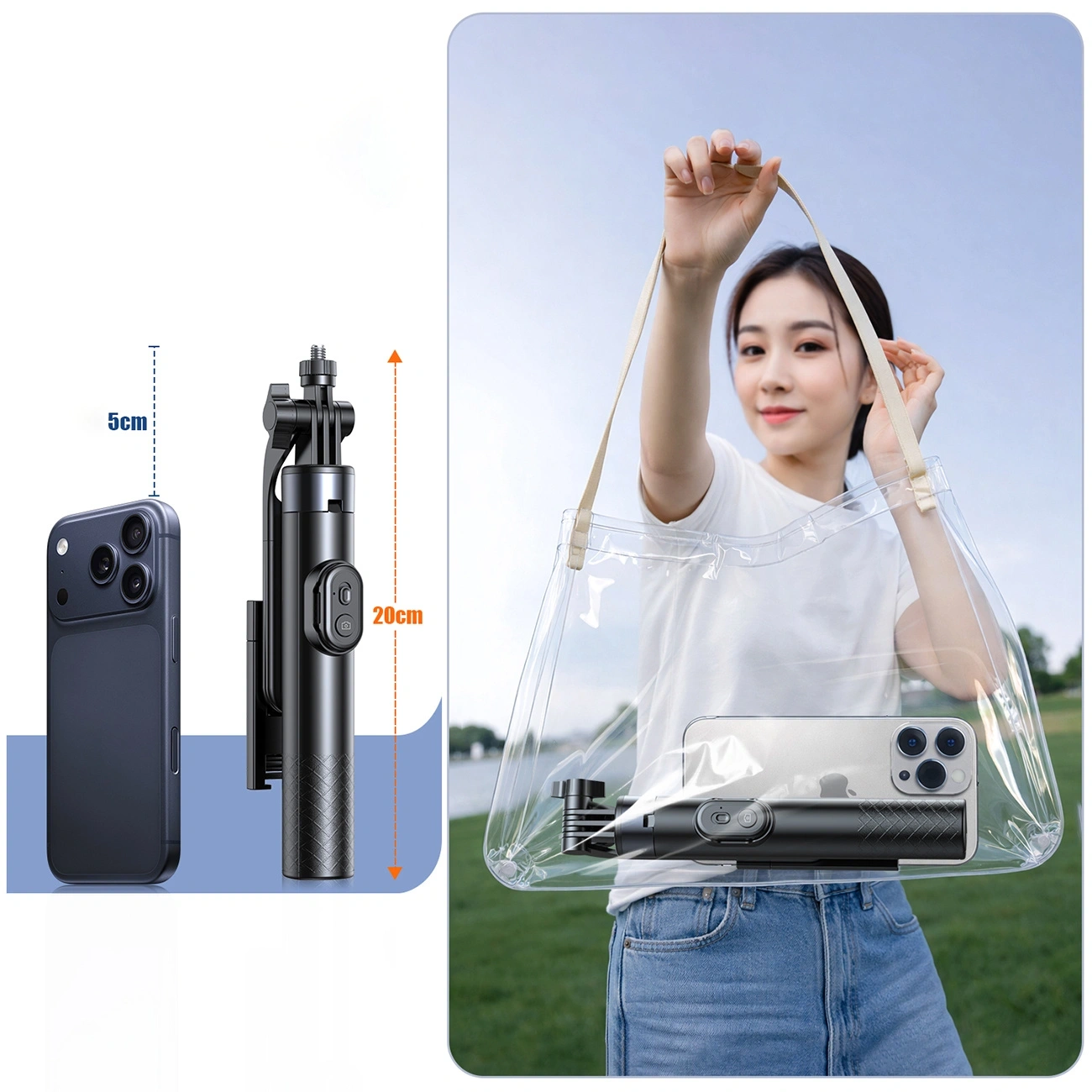 Una donna regge una borsa trasparente con smartphone e selfie stick. Le dimensioni del prodotto sono a sinistra.