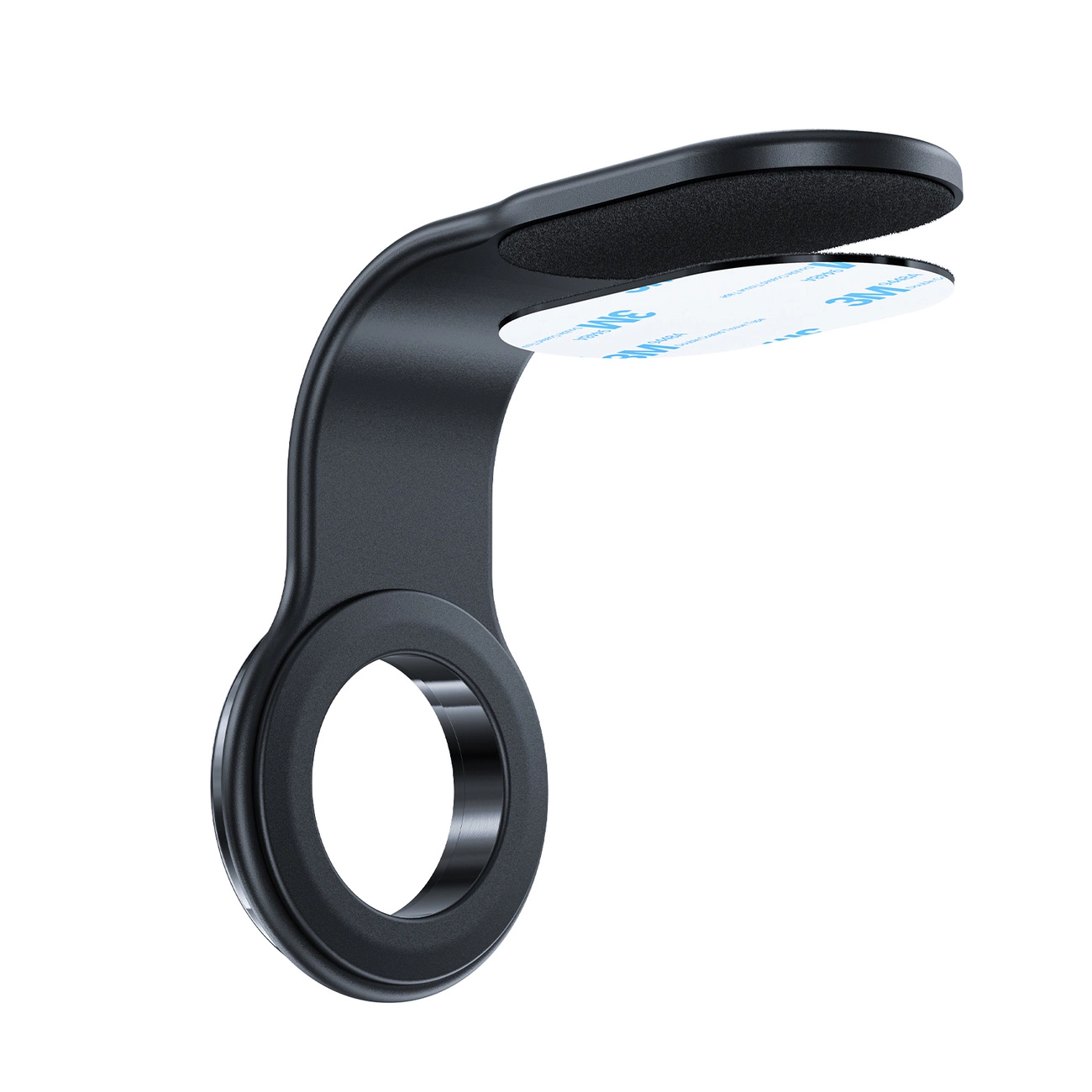 Un supporto per cuffie nero con base ad anello e adesivo su sfondo bianco.