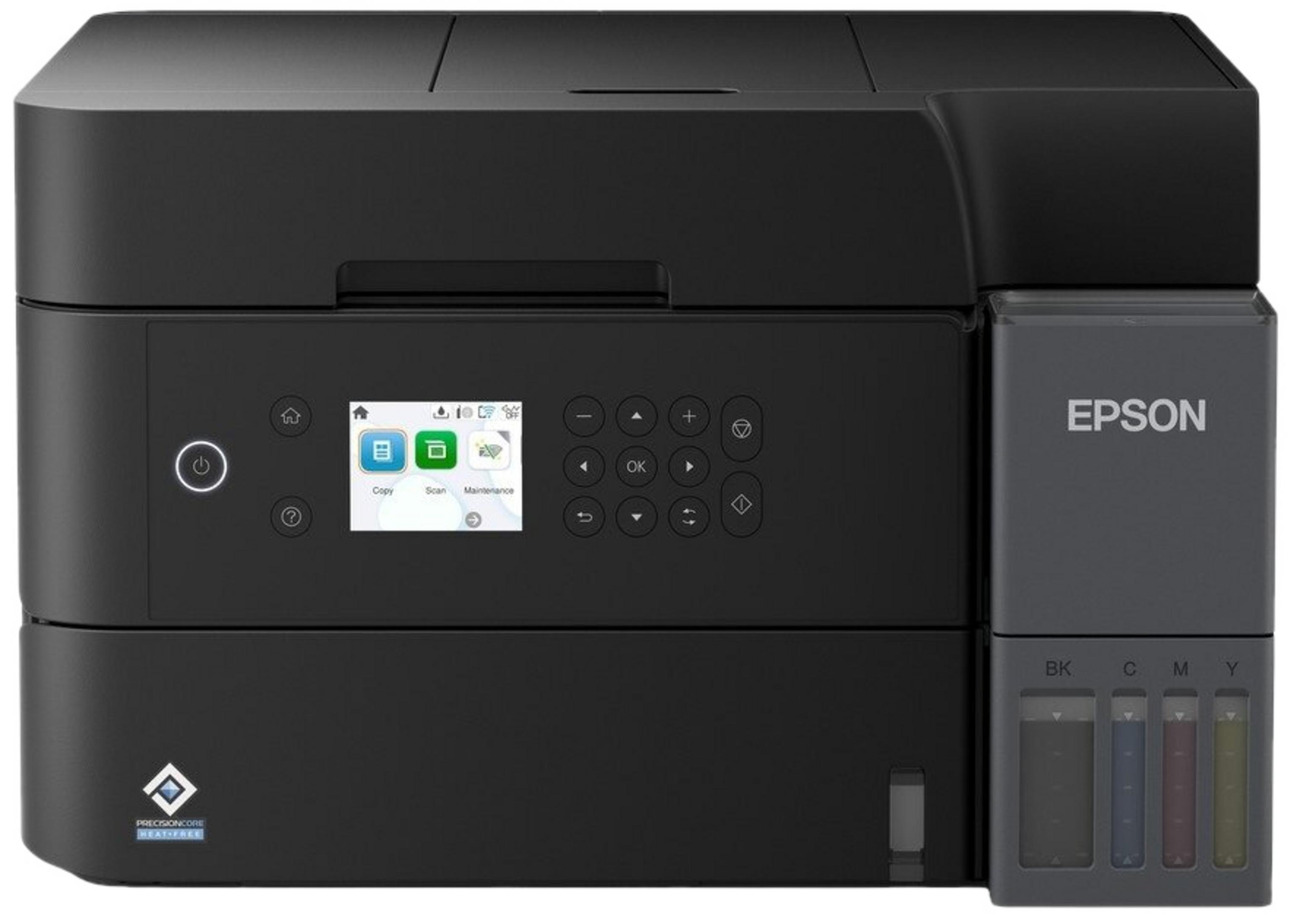 Merkezi bir LCD ekranı ve sağ tarafında görünür mürekkep tankları olan siyah bir Epson mürekkep püskürtmeli yazıcı.