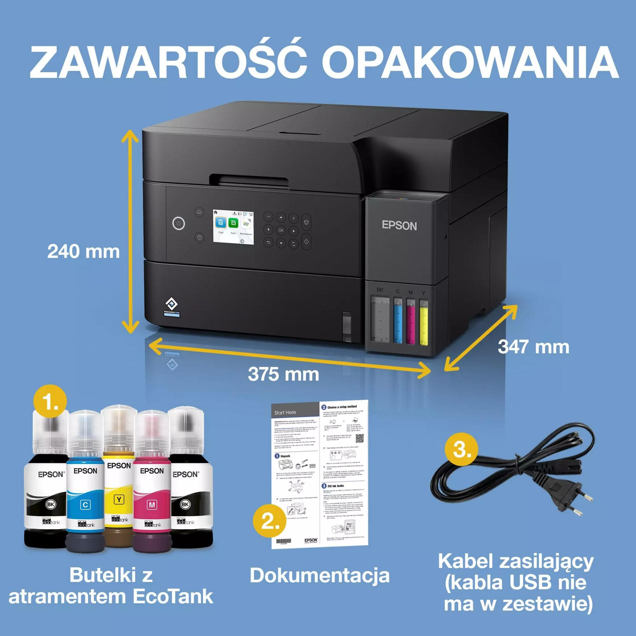 Drukarka Epson z wymiarami, pięcioma butelkami z atramentem, dokumentacją i kablem zasilającym.