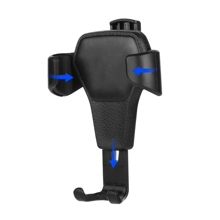 Un supporto per telefono da auto in plastica nera con bracci laterali regolabili e gancio di supporto inferiore, su sfondo bianco.