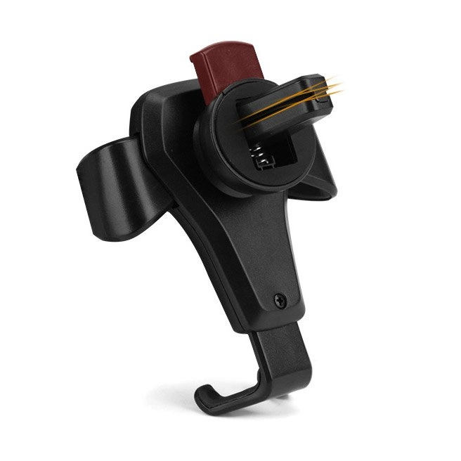 Porta cellulare per auto nero con dettaglio rosso e clip di aerazione su fondo bianco.
