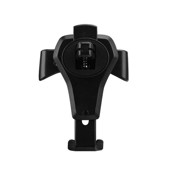 Un supporto per telefono da auto in plastica nera con bracci laterali regolabili su sfondo bianco.