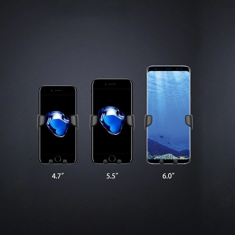 Tre supporti neri per telefoni con smartphone da 4.7, 5.5 e 6.0 pollici su sfondo scuro.
