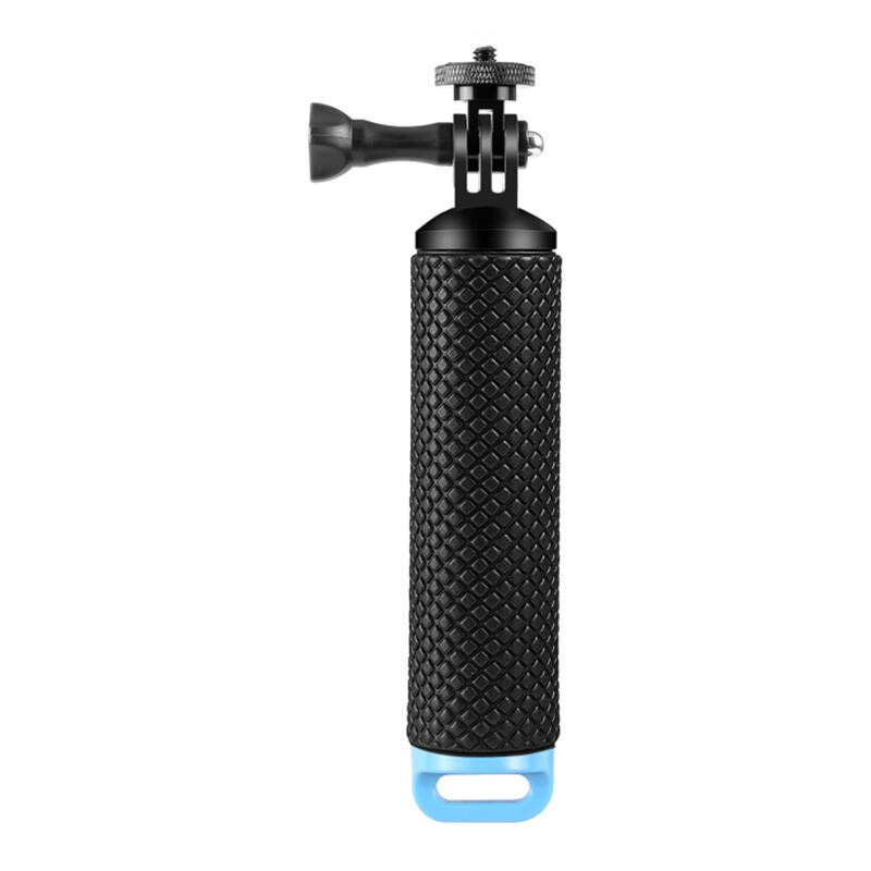 Impugnatura nera per fotocamera con motivo a rombi, tappo inferiore blu e supporto superiore.