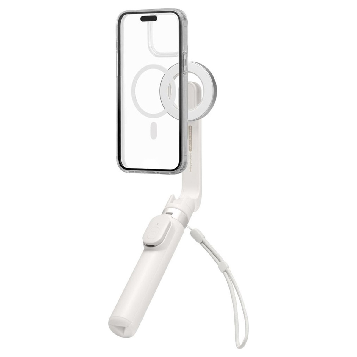 Un selfie stick bianco con supporto magnetico per smartphone e cinturino.