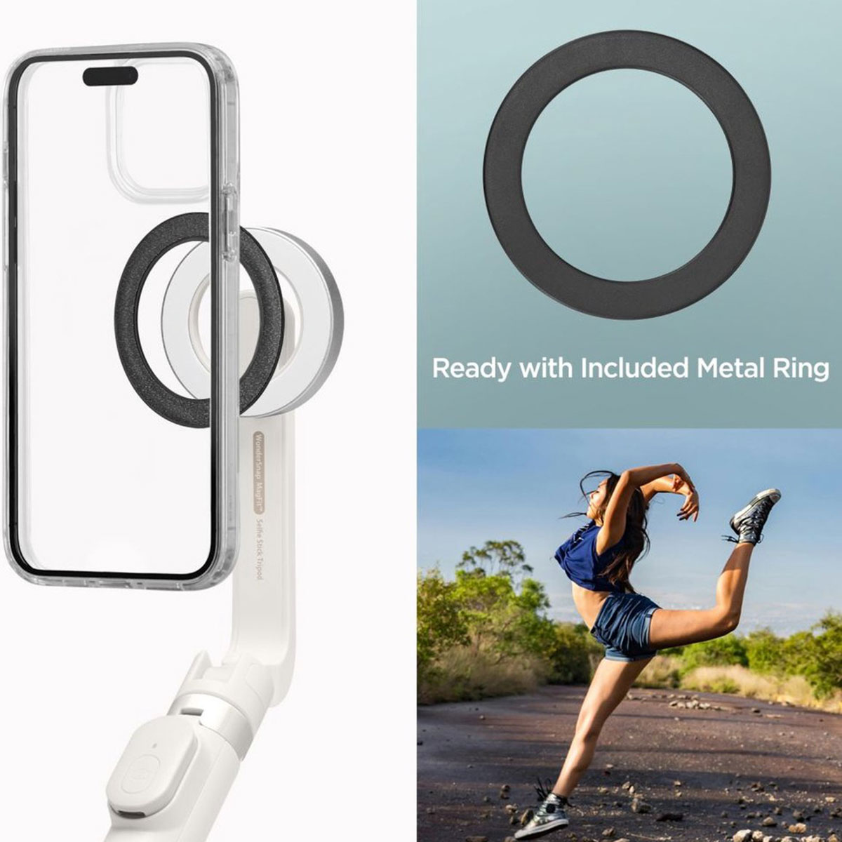 Uno smartphone su un supporto bianco con anello metallico e una ballerina all'aperto.