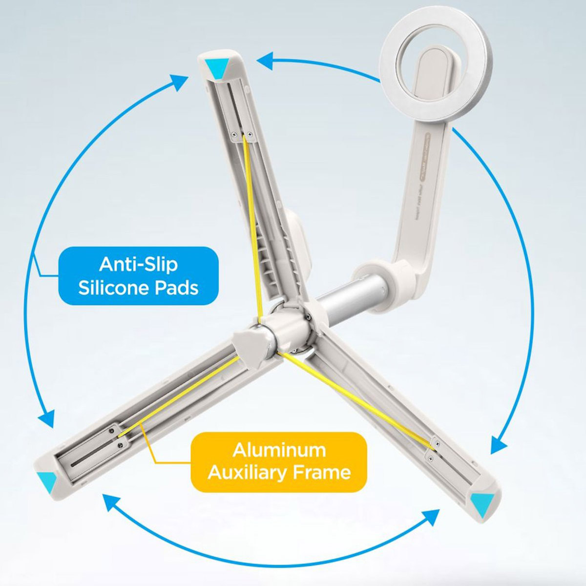 Schema di un supporto bianco con cuscinetti in silicone antiscivolo e telaio in alluminio.