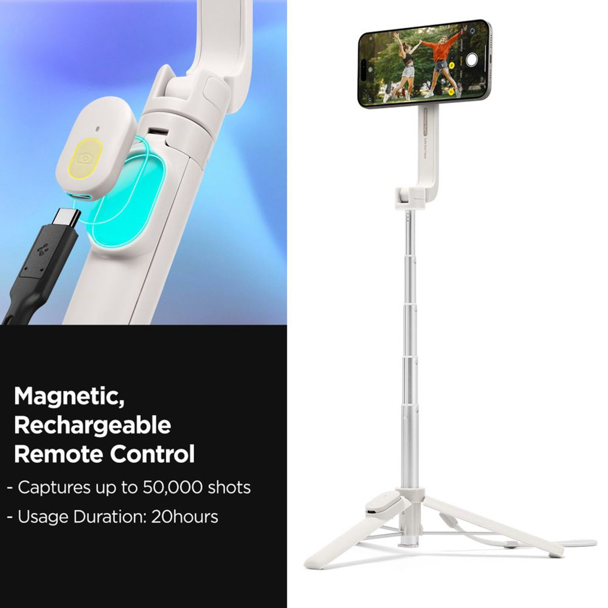 Un treppiede per selfie bianco con smartphone e telecomando magnetico caricato via USB-C.