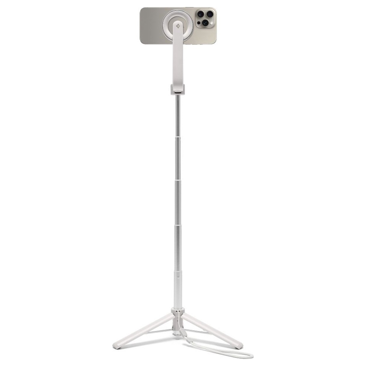 Un treppiede bianco con un'asta estensibile e uno smartphone montato sopra su uno sfondo bianco.