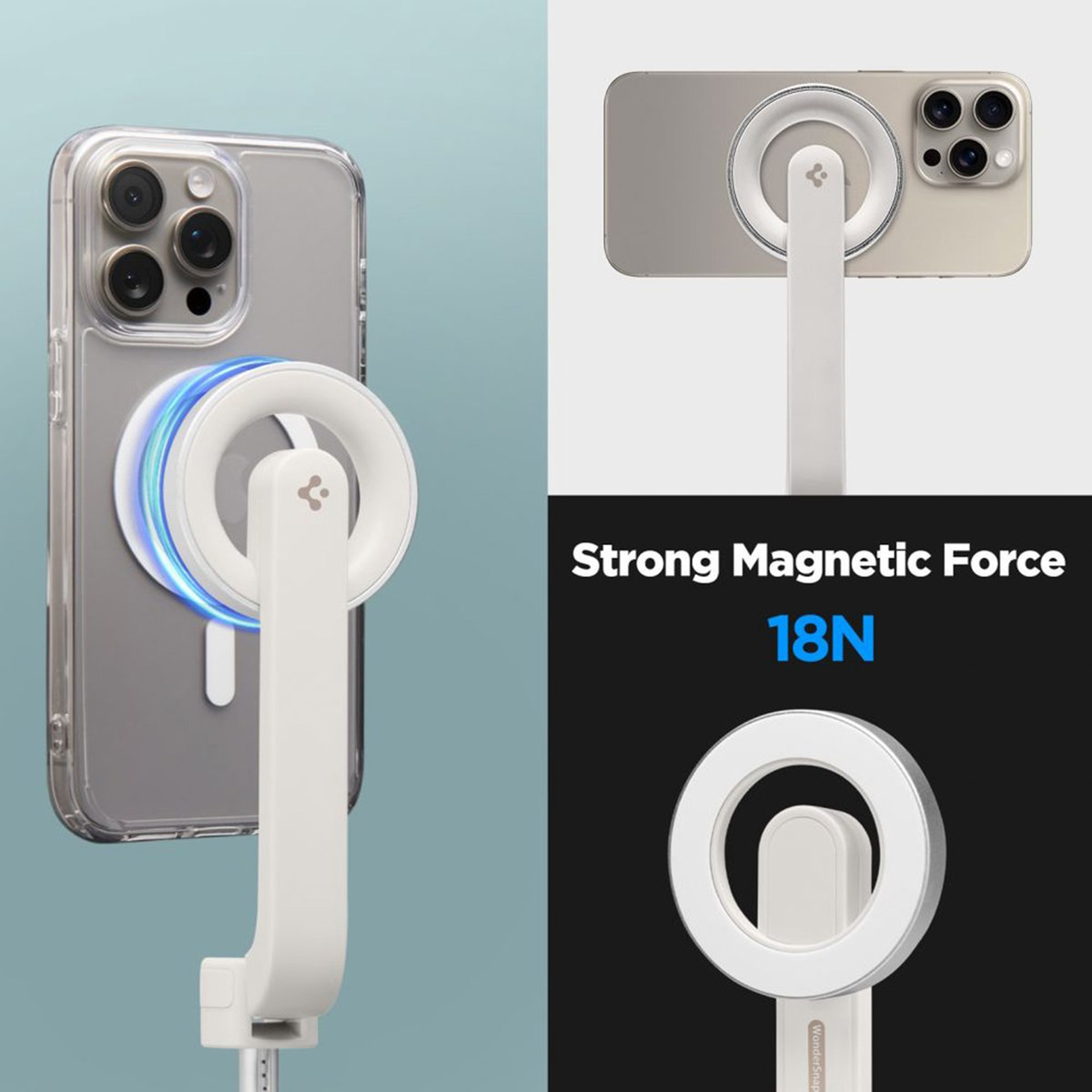 Smartphone su supporto magnetico bianco con anello luminoso blu, che evidenzia la forte forza magnetica di 18N.