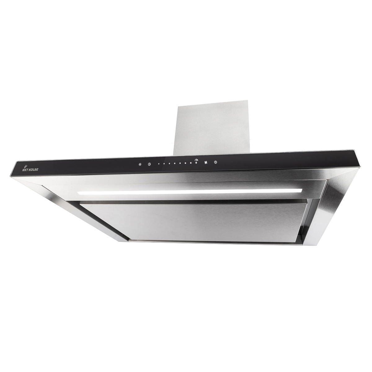 Moderna cappa da cucina in acciaio inossidabile e vetro nero con illuminazione integrata.