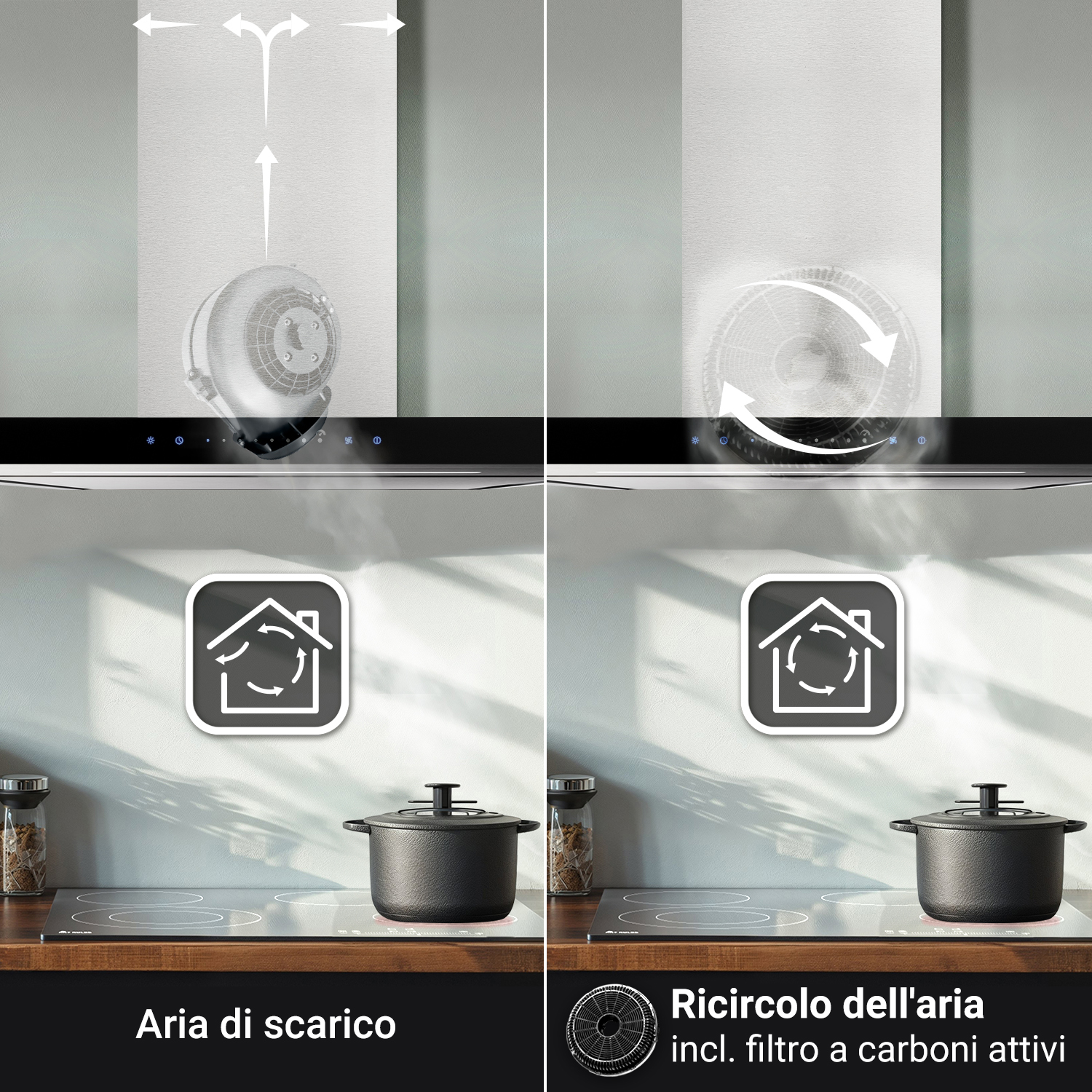 Confronto tra due modalità di cappa: aspirazione a sinistra e ricircolo con filtro a carboni attivi a destra.